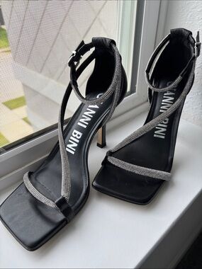 Gianni Bini Black Rhinestone-Strap Square-Toe Stiletto Heels